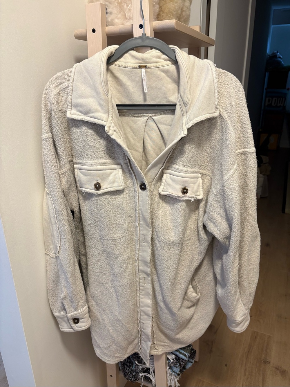 Free People Cream Fleece Shacket Button Front Jacket Size S